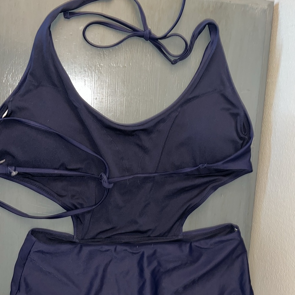 Aerie Swim One Piece Navy Blue Cutout Side Halter Top w Tie Back Closure L EUC - Picture 9 of 16